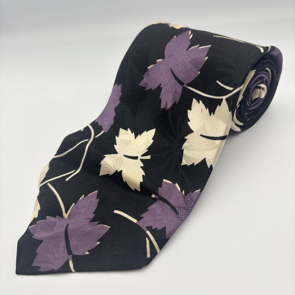 Vintage 1980s Modules Silk Tie Japan Mens Leaves Graphic Black Purple Off White